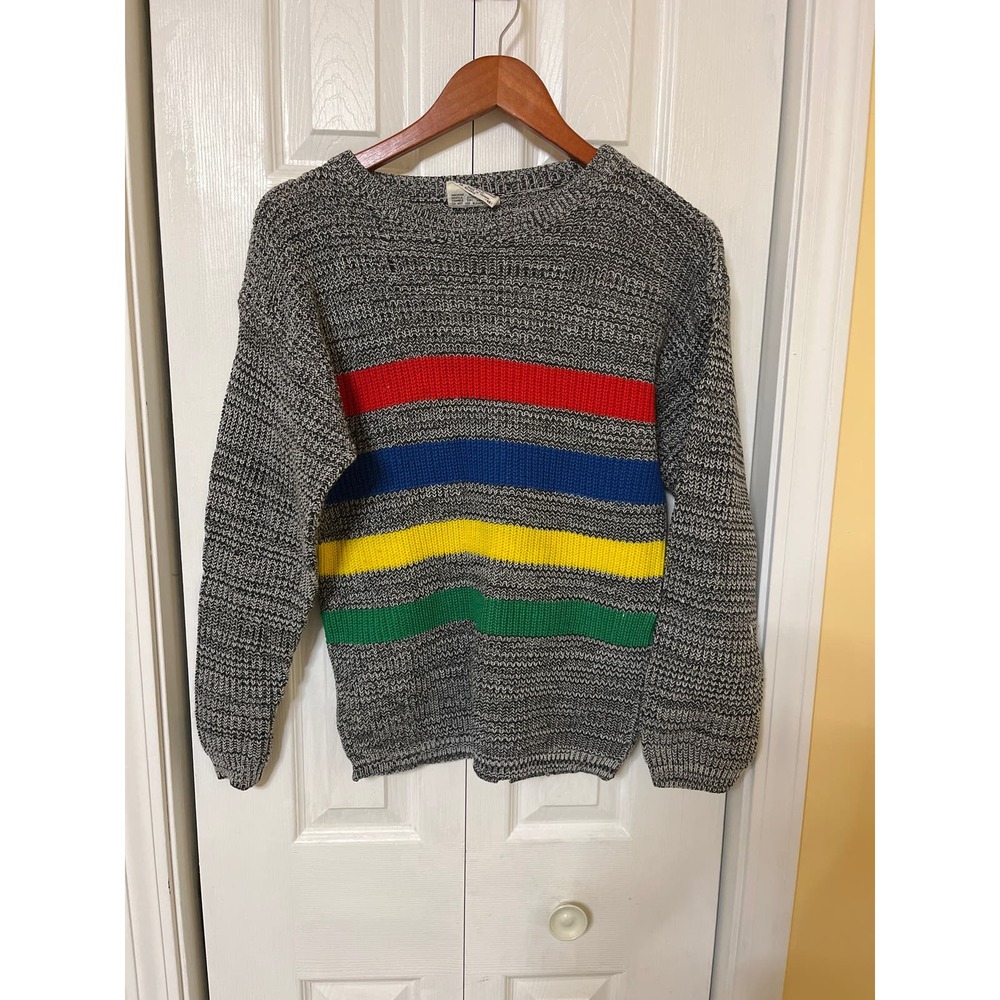 Vintage 80s Gray Acrylic Knit Rainbow Stripe Pull Over Crew Neck Sweater Medium